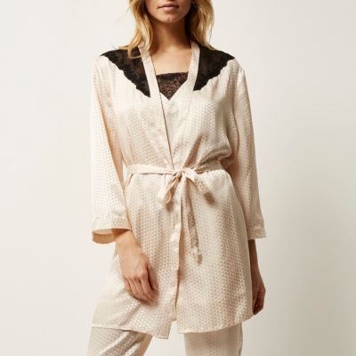 Cream jacquard lace kimono robe